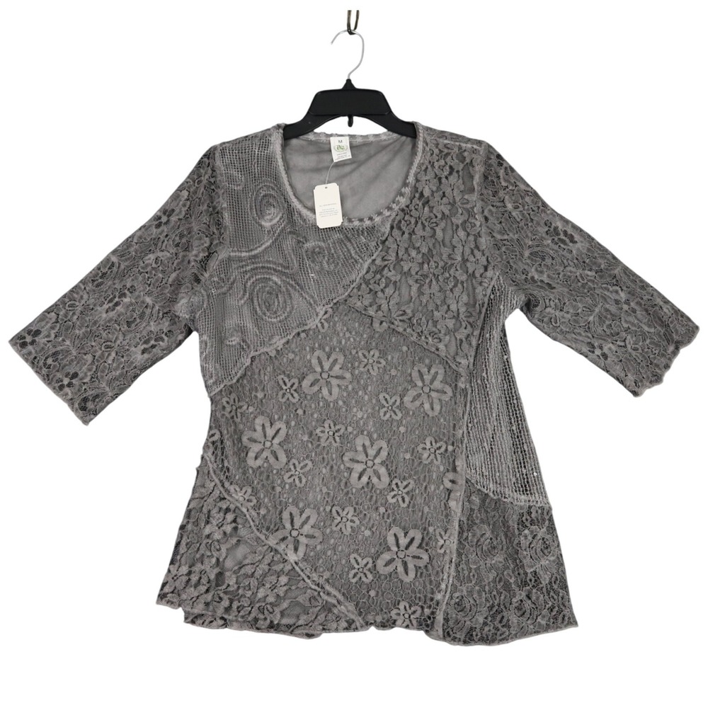 This That Mixed Media Lace Top Women M Floral Patchwork Three Quarter Sleeve